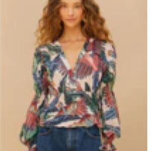 FARM Rio Pink Macaw Flight Blouse -Colorful Leaf Print